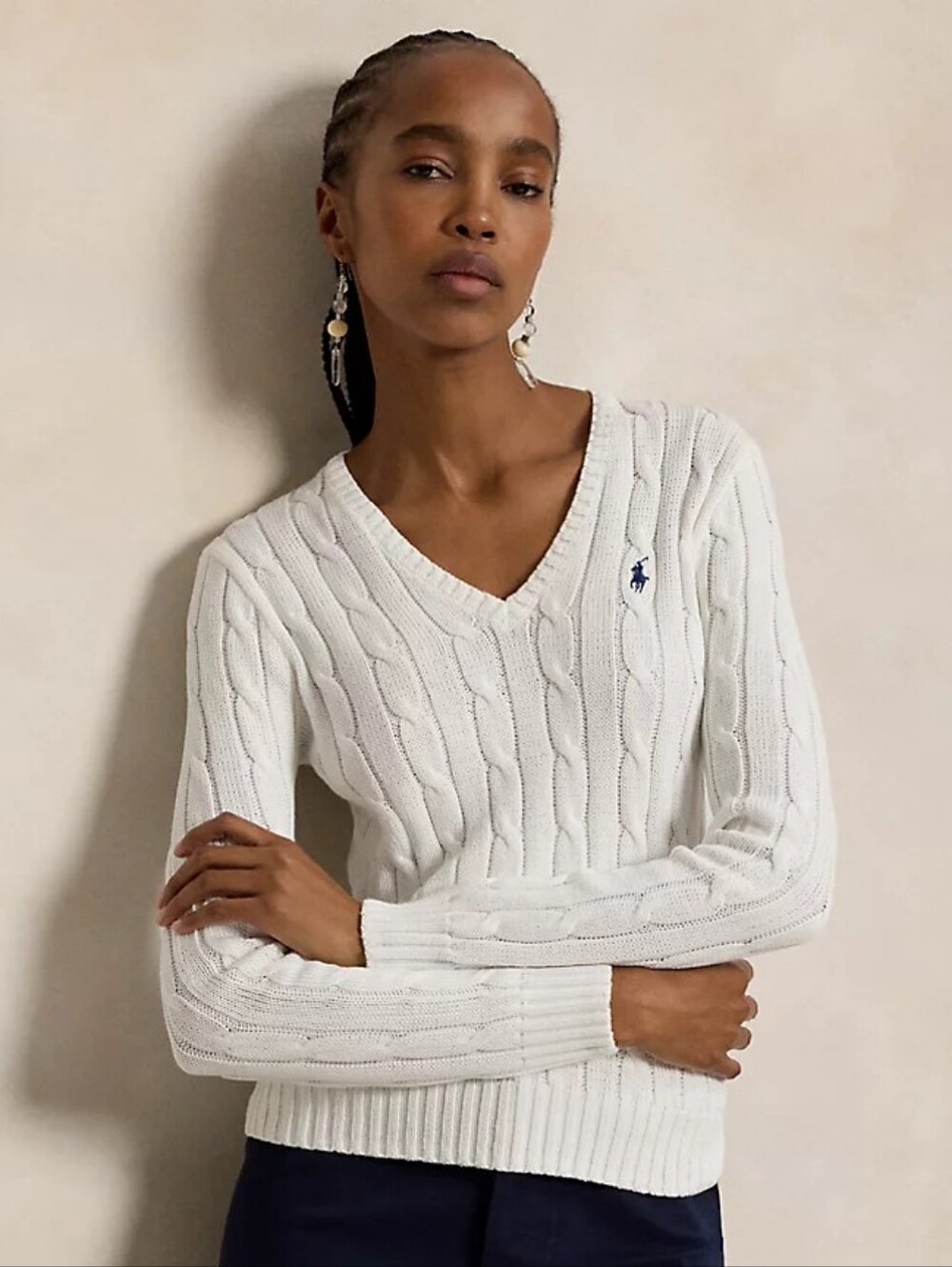 NWT Polo Ralph Lauren XS White Cable Knit V Neck Sweater Quiet Luxury Old Money